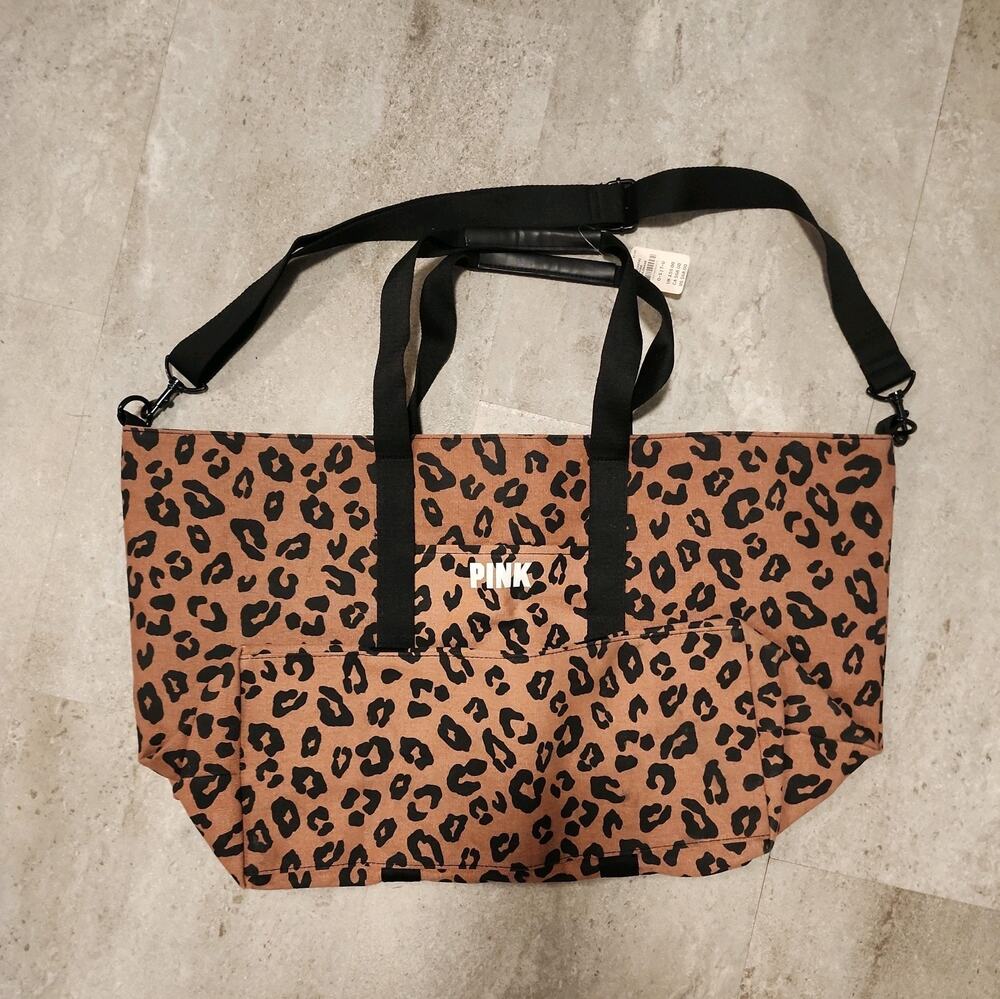Victoria's Secret PINK Leopard Print Canvas Oversized Tote Bag Tan Black NWT